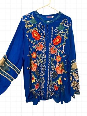 Johnny Was Embroidered Floral Boho Blouse - Blue